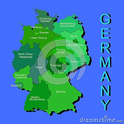 Colorful Germany political map with regions on blue background Vector Illustration