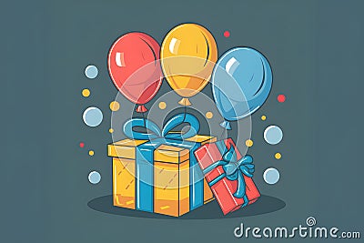 Colorful gift box and buoyant balloons illustrated in vector format Stock Photo
