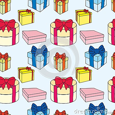 Colorful gift boxes with bows and ribbons. Vector seamless illustration. Vector Illustration