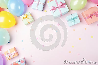 colorful gift boxes Colorful festive on background frame Cards for colorful birthday party objects and gift boxes on a pastel Stock Photo