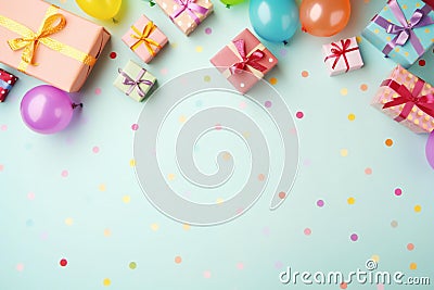 colorful gift boxes Colorful festive on background frame Cards for colorful birthday party objects and gift boxes on a pastel Stock Photo