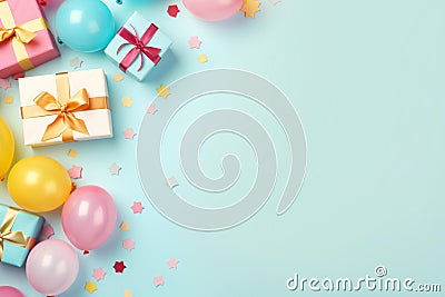 colorful gift boxes Colorful festive on background frame Cards for colorful birthday party objects and gift boxes on a pastel Stock Photo