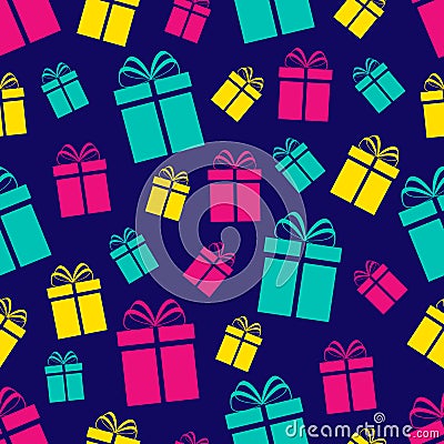 Colorful gift boxes seamless pattern. Holidays background. Colored flat present icons. Repeat texture. Vector Vector Illustration