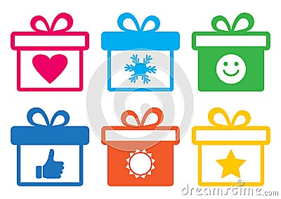 Colorful gift boxes with symbols. Vector illustration Cartoon Illustration