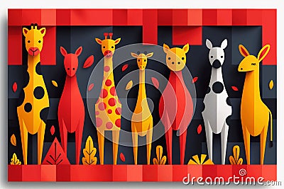 Colorful Giraffe Family with Abstract Red and Yellow Autumn Leaves Pattern Stock Photo