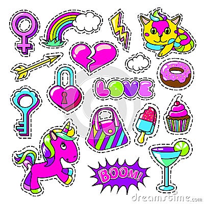 Colorful Girl Fashion Patches Set Vector Illustration