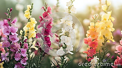 Colorful gladiolus flowers blooming in the garden. Floral background Generative AI Cartoon Illustration