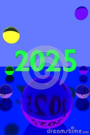 Colorful glass balls on reflective surface and the year 2025 Stock Photo