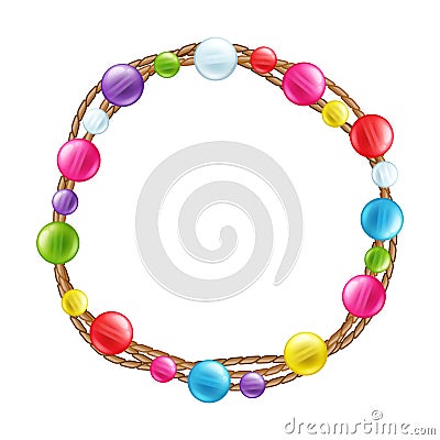 Colorful glass beads decoration round frame. Vector Illustration