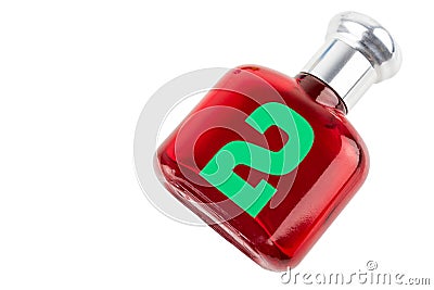 Colorful glass of bottle number two,red, on white background isolated, colorful perfume bottles Stock Photo