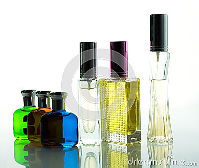 Colorful glass of bottle white background isolated, colorful perfume bottles Stock Photo