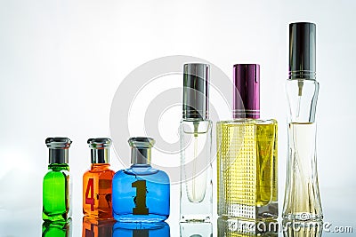 Colorful glass of bottle white background isolated, colorful perfume bottles Stock Photo