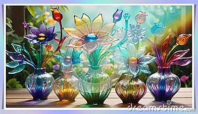 Colorful glass flower on a multicolored background. Cartoon Illustration