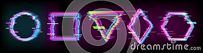 Colorful glitch geometric shapes, frames set with neon effect Vector Illustration