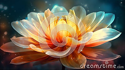 Colorful glossy abstract realistic hot yellow, orange giant flower with magic light. Generative AI Stock Photo