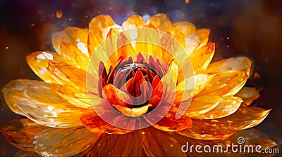 Colorful glossy abstract realistic hot yellow, orange giant flower with magic light. Generative AI Stock Photo