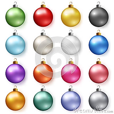 Colorful glossy christmas balls with shadows. Set of realistic decorations. Vector Illustration