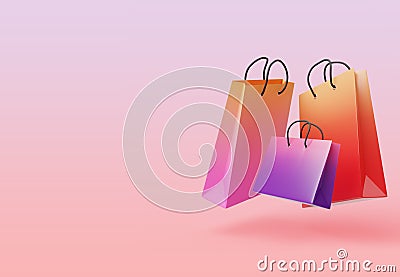 Colorful glossy shopping bags flying on a sweet pastel background, 3d render Cartoon Illustration