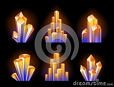 Colorful glowing crystals set. Vector Illustration