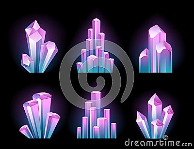 Colorful glowing crystals set. Vector Illustration