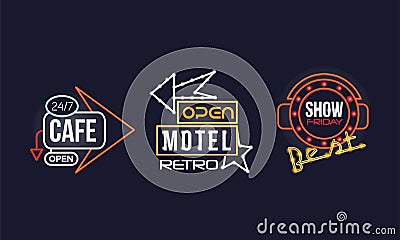 Colorful Glowing Neon Signboards and Retro Street Banners Vector Set Vector Illustration