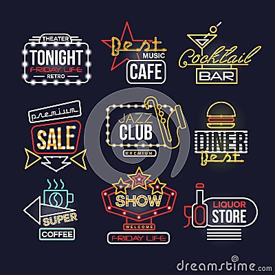Colorful glowing neon signboards set, retro light banners vector Illustrations Vector Illustration