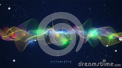 Colorful glowing spectrum with glitter particles in the dark blue background. Beautiful gradient wavy lines wallpaper Vector Illustration