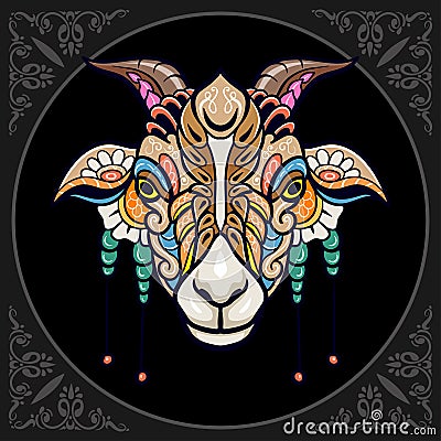 Colorful goat head mandala arts isolated on black background Vector Illustration