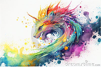 Colorful golden fantasy lion dragon dog animal painting Cartoon Illustration