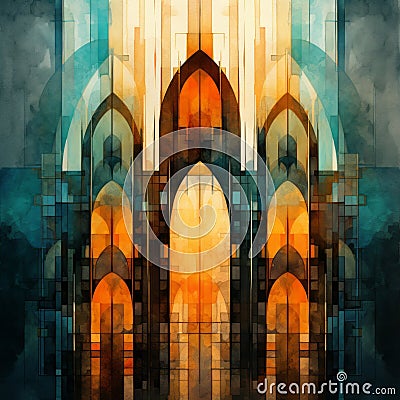 Colorful Gothic Cathedral: A Digital Watercolor Masterpiece Stock Photo