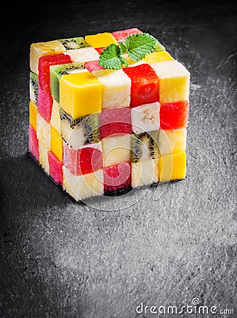 Colorful gourmet cube of diced fresh exotic fruit Stock Photo