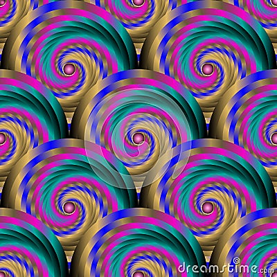 Colorful gradient spiral circles, fractals, swirls, waves, 3d buttons seamless pattern. Ornamental swirl mandalas modern vector Vector Illustration