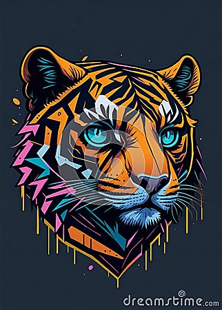 Colorful graffiti illustration of a cute tiger head, vibrant color, highly detailed. Cartoon Illustration