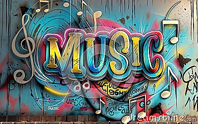 A colorful graffiti wall with the word MUSIC written in large letters Stock Photo