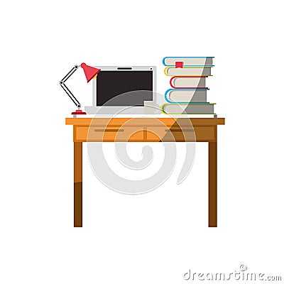 Colorful graphic without contour and shading of work place office interior with laptop computer and lamp and stack books Vector Illustration