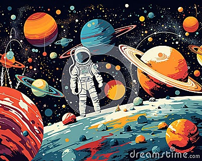 The colorful graphic depicts astronauts. Cartoon Illustration