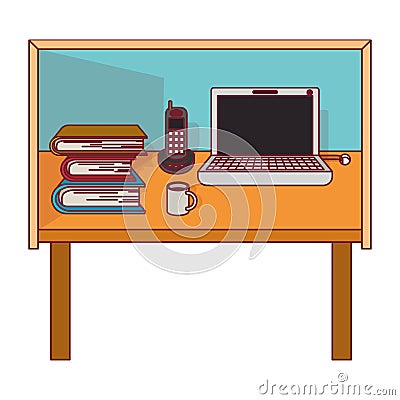Colorful graphic of desk home office basic with dark red line contour Vector Illustration