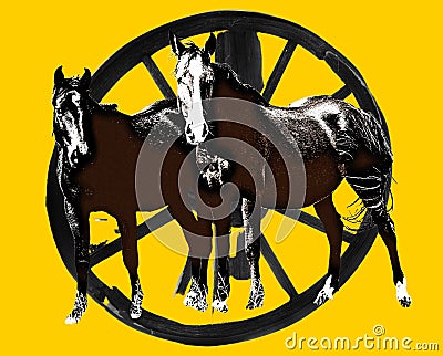 Colorful Graphic of Horses and Wagon Wheel - Abstract Hiigh Contrast Image Stock Photo