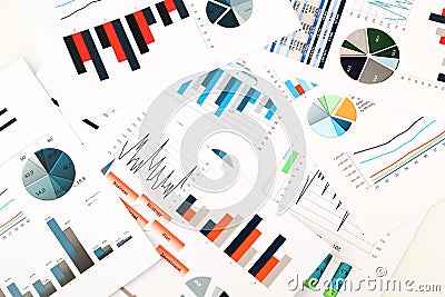 Colorful graphs, charts, marketing research and business annual report background, management project, budget planning, financial Stock Photo