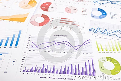 Colorful graphs, data analysis, marketing research and annual re Stock Photo