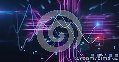 Colorful graphs and data lines image over dark background with grid patterns Stock Photo