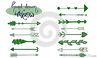 Green Arrows Vector Set. Hand Drawn arrows illustration. Arrows icon. Dark green arrow logo. Handdrawn Green arrow element. Vector Illustration