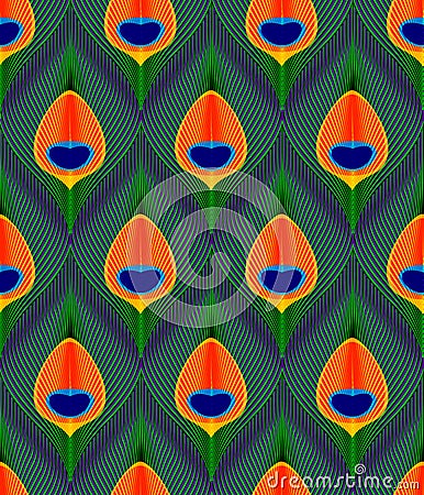 Colorful green orange and blue peacock tail feathers seamless pattern, vector Vector Illustration