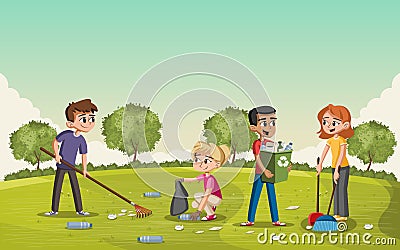 Colorful green park with teenagers cleaning trash. Vector Illustration