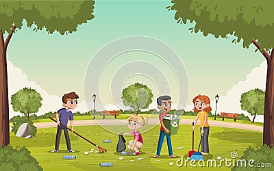 Colorful green park with teenagers cleaning trash. Vector Illustration