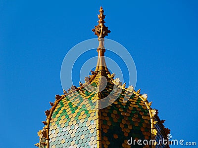 Colorful green and yellow enamel finished dome shaped clay tower roof Stock Photo