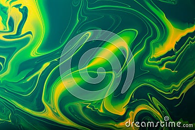 Colorful green and yellow marble abstract backround.Make up concept.Beautiful stains of liquid nail laquers.Fluid art,pour Stock Photo