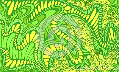 Colorful in green and yellow palete colors fantasy abstract doodle line pattern. Vector hand drawn psychedelic ornament Vector Illustration