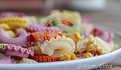 Colorful green, yellow, white, orange and pink italian crown pasta on white plate staying on wooden table, close-up. Stock Photo