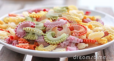 Colorful green, yellow, white, orange and pink italian crown pasta on white plate, close-up. Stock Photo